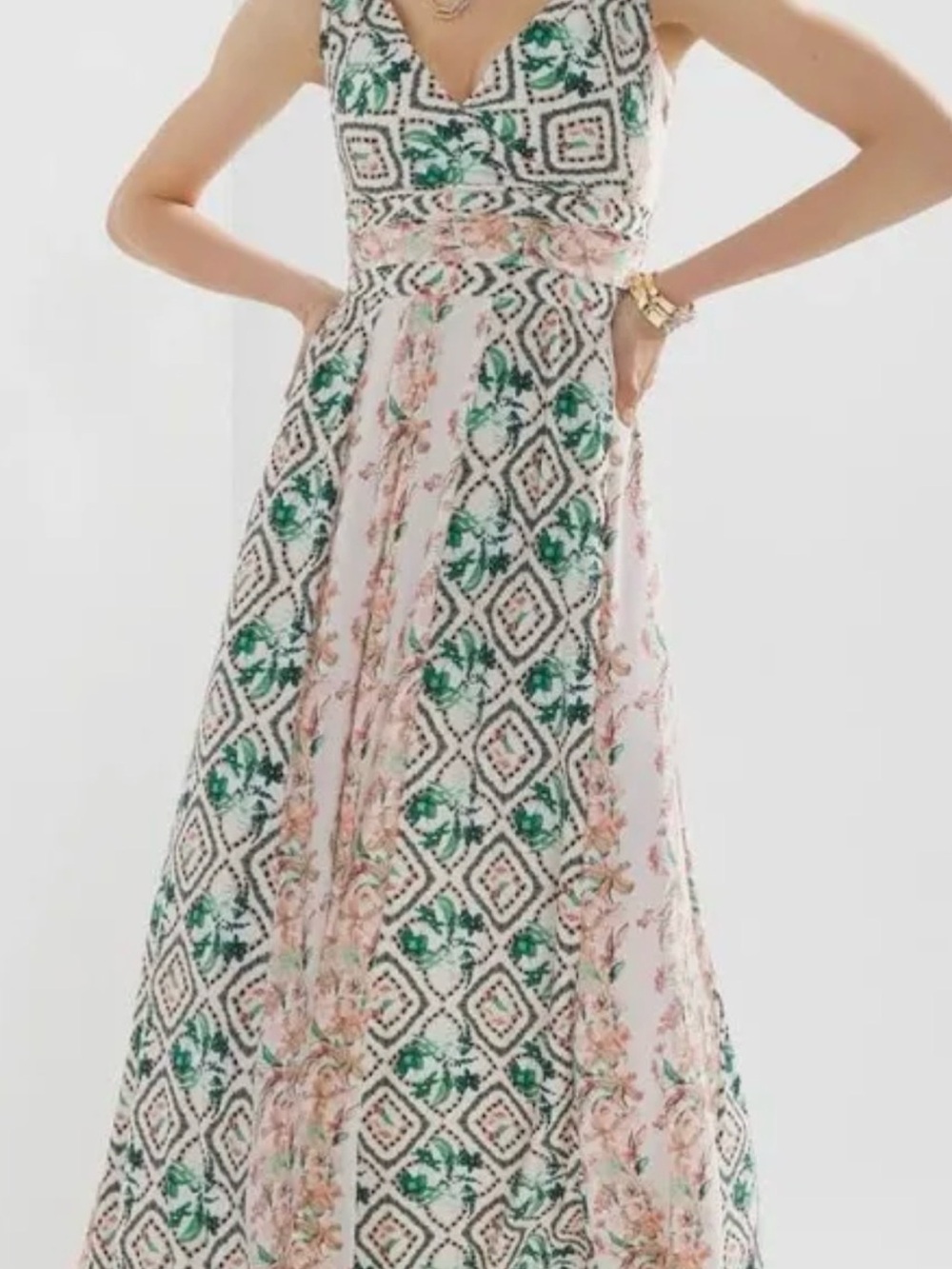 White House Black Market V-Neck Maxi Dress Cream with Green and Pink.